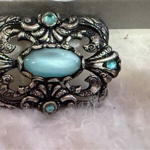 Vintage Silver Brooch with moonstone and aqua colored rhinestones